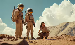 two girls are wearing desert themed spacesuits while kneeling on rocks