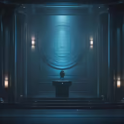 a man standing in a room with columns