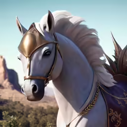 a horse wearing gold armor with the mountains in the background