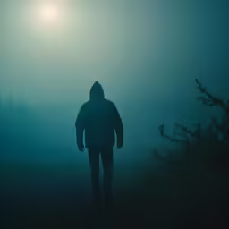 a man standing in the fog wearing a hoodie