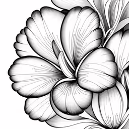 black and white floral artwork with large petals,a black and white flower that is drawn by hand