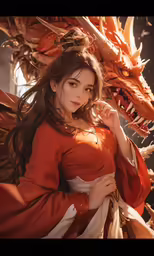 a woman with a dragon head and flowing hair posing