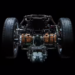 the front suspensions and wheels of a futuristic vehicle