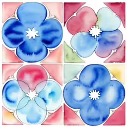 a watercolor painting of four flowers with various colors