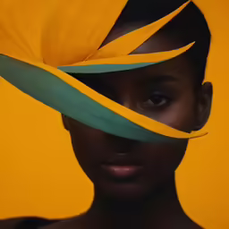 a woman with a yellow flower on her head and a large green leaf behind her face