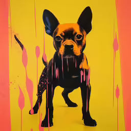a painting that looks like a dog with pink and yellow colors