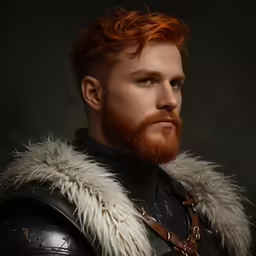 a man in armor has a red beard and long mane