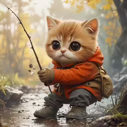 an orange kitten is standing on the road holding a stick