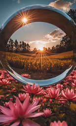 the sun shines through a round mirror in a field of pink flowers
