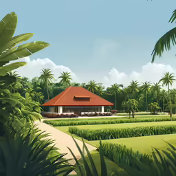 a house in the middle of a garden with palm trees around it