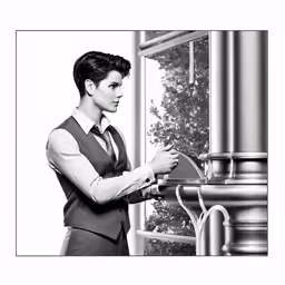 a woman in a suit stands next to a window