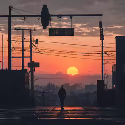 a man walking into the sunset next to a city