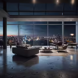 a modern living room with city view