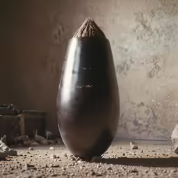 a large, dark egg shaped vase sitting in the middle of an indoor area