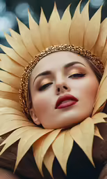a close up photo of a woman with yellow sunflowers on her head