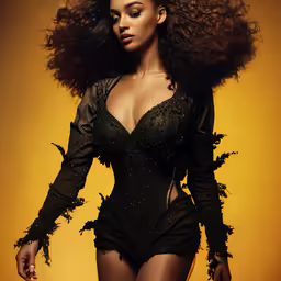 a beautiful woman with afro curls dressed in black