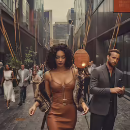 a man walking next to a woman in a brown dress
