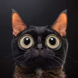 a black cat with large round, oval and round shaped eyes