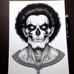 an inked drawing of a skeleton with black hair and eyes