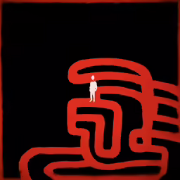 man standing on a red abstract piece of art