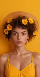 the girl with the yellow hat is wearing sunflowers