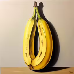 three bananas sitting on top of a wooden table