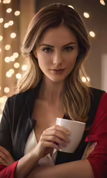 a woman in a black jacket is drinking from a cup