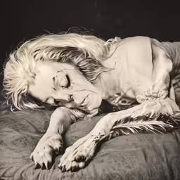 the woman lies down on the bed while posing for a photo