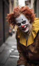 a clown is standing in the street with his head turned