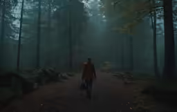 a person in a red jacket is walking along a trail in the woods