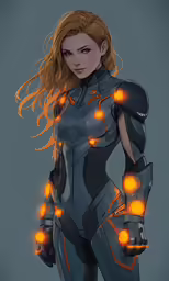 a woman in a futuristic suit with many glowing lights
