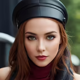 a beautiful woman wearing a black leather cap