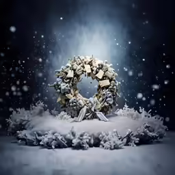 a snow scene with an oodlen wreath in the middle