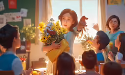 the doll is holding a bouquet of flowers and a toy in her hand