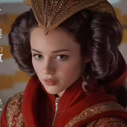 the woman with a brown hair in an ornate red scarf and gold dress