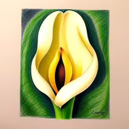 this is a drawing of a white flower,a drawing of a yellow and white flower in pastel,the flower is white and yellow, with a brown center,an artistic painting on the wall in the room,painting of a flower on a wall in pastel, framed