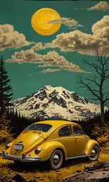 yellow vw bug parked in front of mountains under a moon and cloud filled sky