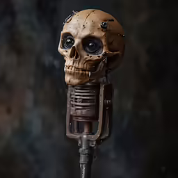 a bronze colored mechanical skeleton head with a small eye