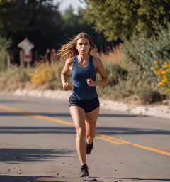 the young girl runs down the road with her ponytail blowing in the wind