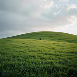 a lone animal standing in the middle of a grassy field