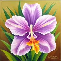 a painting of a purple flower with green leaves,a beautiful iris on gold and purple,a painting of a pink flower with leaves,a painting of purple flower on a brown background,a painting of a purple flower with green leaves