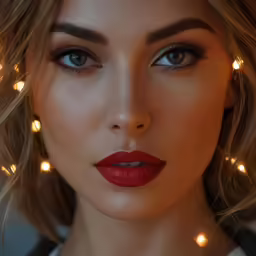 a close up of a girl with christmas lights around her face