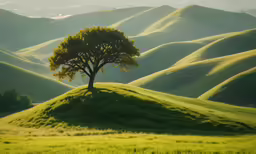 a lone tree on a hilltop near some mountains