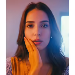 the girl is posing for a picture while holding her hand to her face