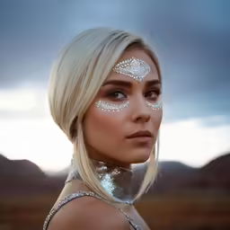 a blonde lady with a silver costume on and glittered eyebrows and face
