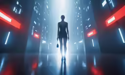 a woman walking through a dimly lit building
