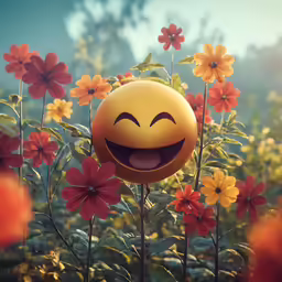 the happy emote smiles in the midst of many flowers