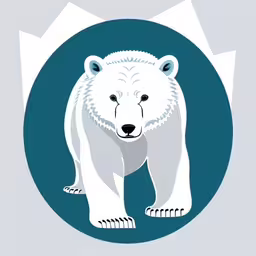 a white polar bear standing in front of a blue circle,a bear is standing in the snow in front of a blue circle,an image of a polar bear that is shown in this graphic,a white polar bear standing in the middle of a circle,a polar bear is standing up in a circle