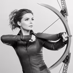 a woman wearing black leather holding an archery arrow