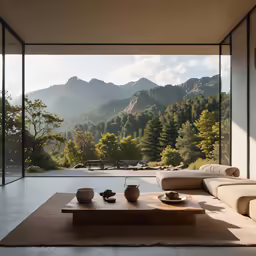 a table that has bowls on top of it near mountains